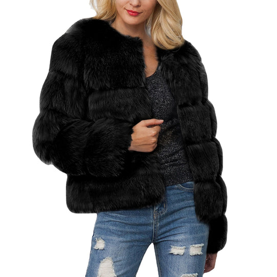 Damen Flauschige Kunstpelzjacke mit voluminösen Ärmeln und elegantem Schnitt EB
