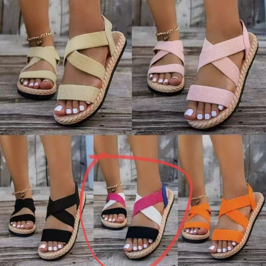 Damen Komfortable Riemensandalen mit elastischen Kreuzriemen und rutschfester Sohle EB