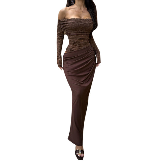 Damen Elegantes Abendkleid mit schulterfreiem Design und Spitzenärmeln EB