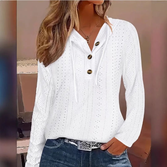Damen lässiges Hoodie-Oberteil mit Knopfleiste und modernem Lochmuster EB