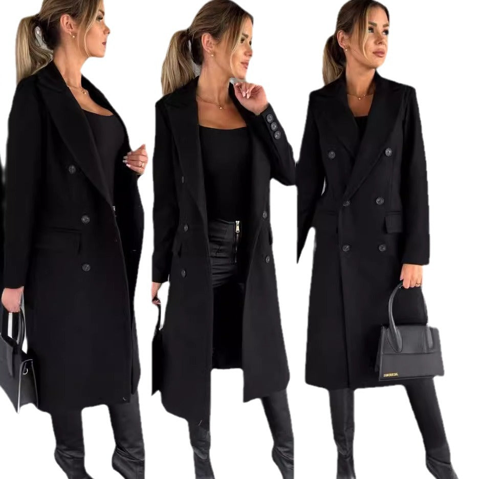 Damen Eleganter Doppelreiher-Mantel mit strukturiertem Stoff und taillierbarem Gürtel EB