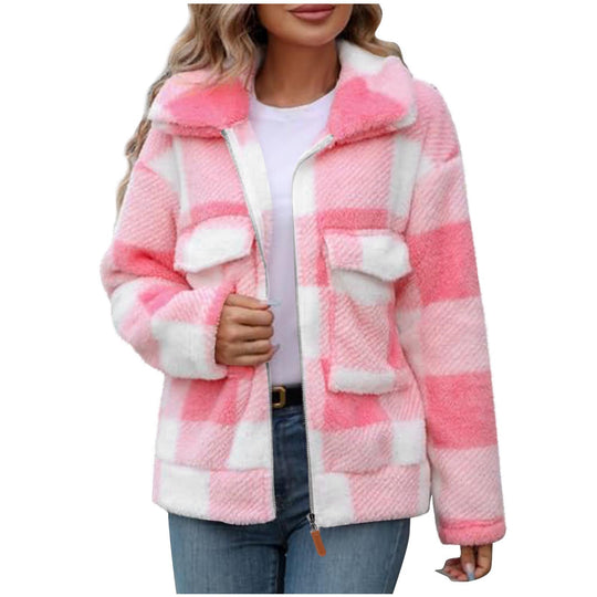 Damen Fleece-Jacke mit Karomuster und praktischen Taschen EB