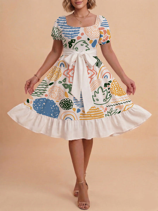 Damen Sommerkleid mit floralem Puffärmel und taillierbarem Gürtel EB