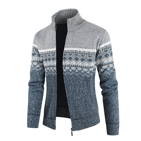Herren Strickjacke mit geometrischen Mustern und hohem Kragen EB