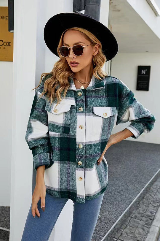 Damen Karierte Flanelljacke mit Knopfleiste und Taschen EB