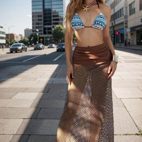 Damen Bikini-Set mit geometrischem Druck und transparenter Strick-Überschlag EB