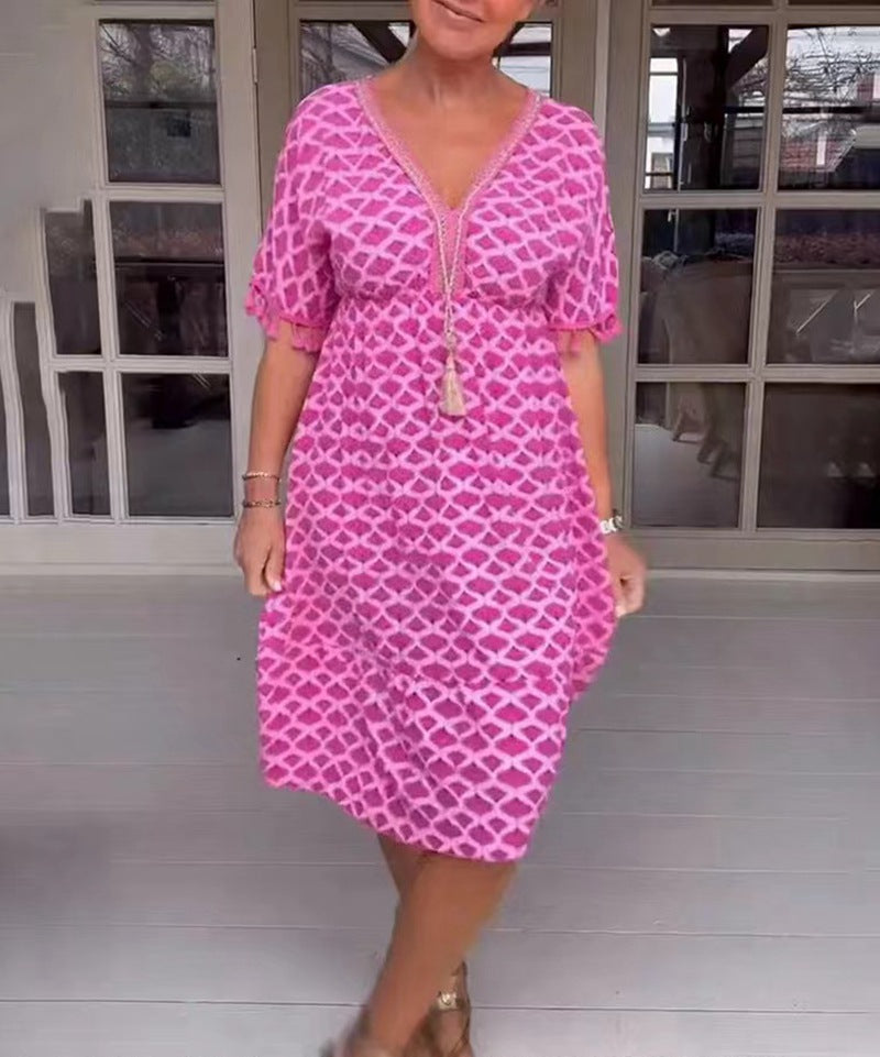 Damen Sommerliches Kleid mit fransierten Ärmeln und elegantem V-Ausschnitt Heidi-Mode