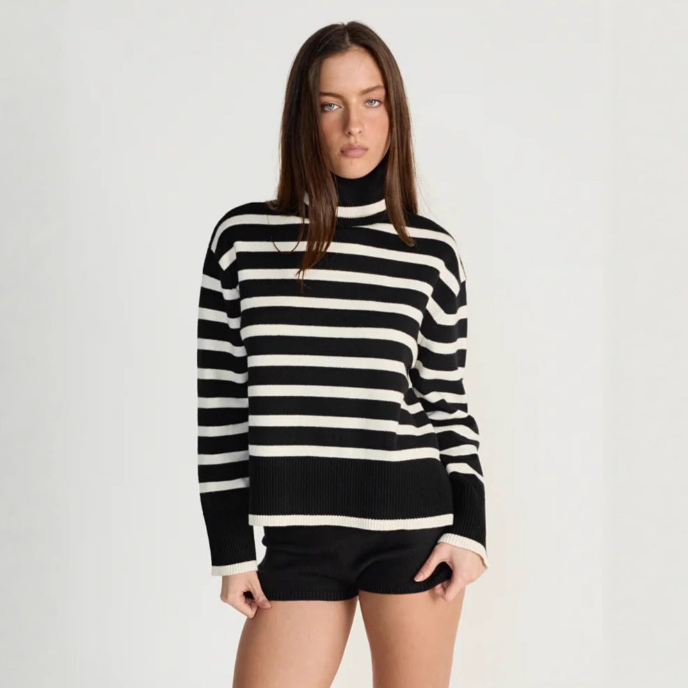 Damen gestreifter Rollkragenpullover mit lässigem Schnitt EB
