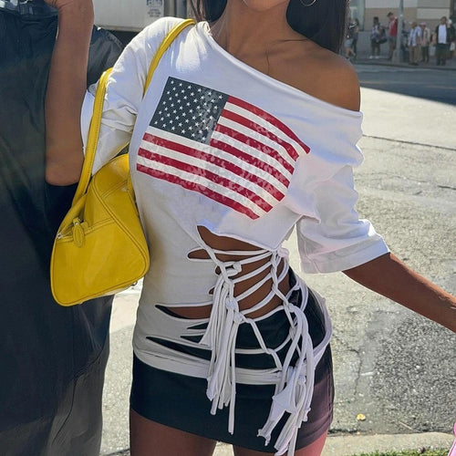 Damen Crop-Top mit Flaggenmotiv und raffinierten Fransen EB