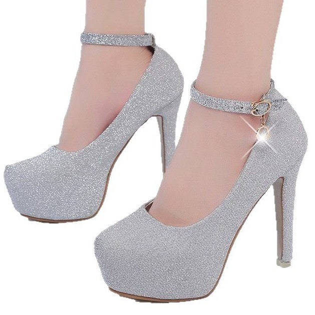 Damen Glitzernde Plateau-Pumps mit Feinem Riemchen und Elegantem Schmuckdetail EB