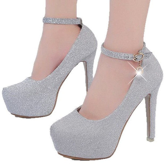 Damen Glitzernde Plateau-Pumps mit Feinem Riemchen und Elegantem Schmuckdetail EB