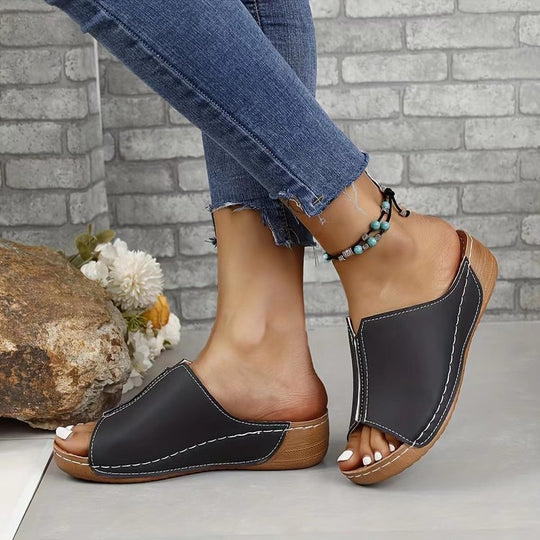 Damen Offene Komfort‑Mules mit gepolstertem Fußbett und Korkoptik‑Plateau EB