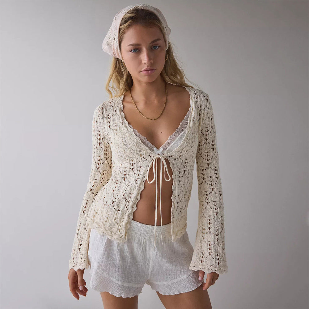 Damen luftiger Häkelstrick-Cardigan EB