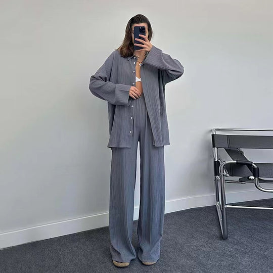 Damen lässiges Übergrößen-Hemd und lockere Hose Set EB