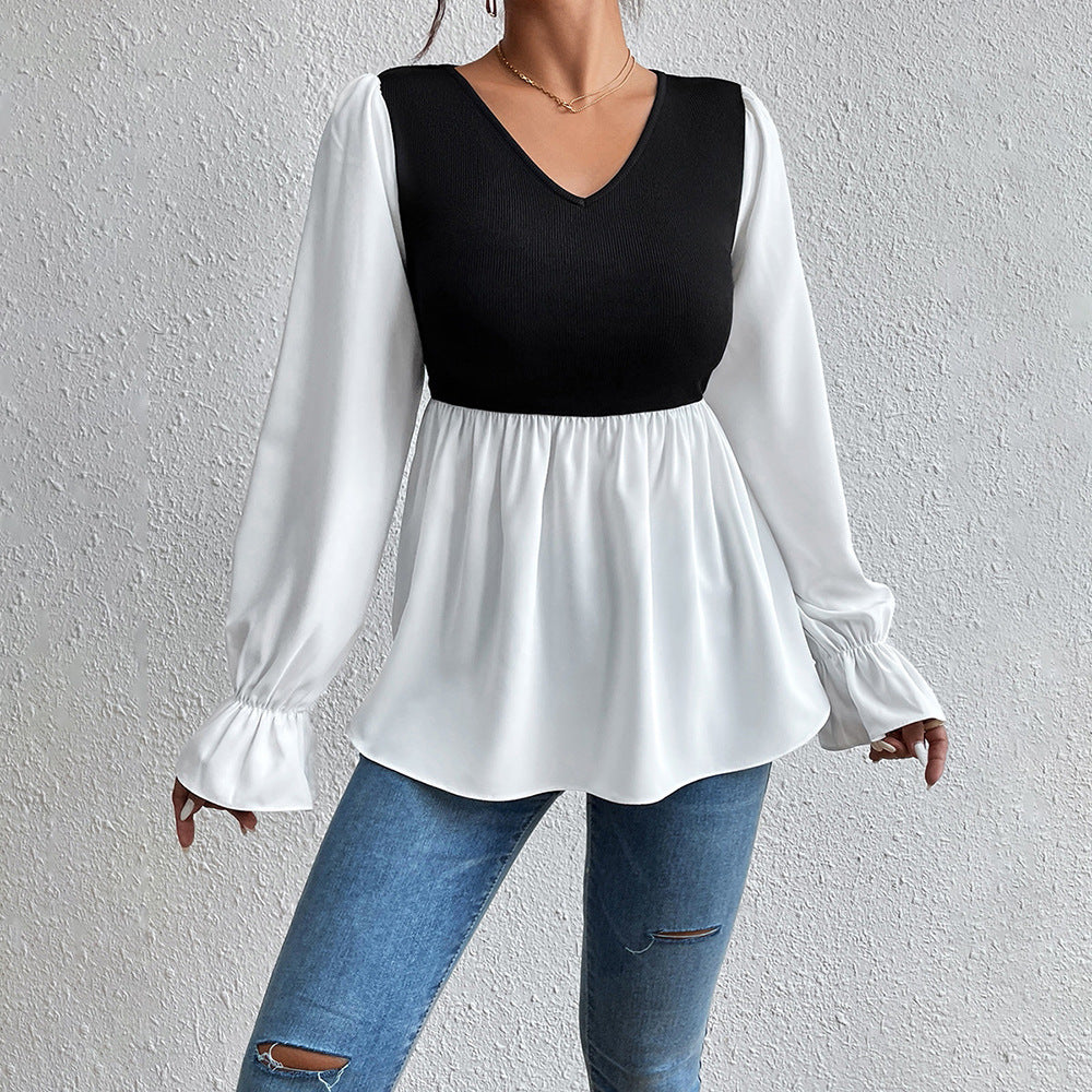 Damen elegantes Oberteil mit asymmetrischem V-Ausschnitt und Puffärmeln EB