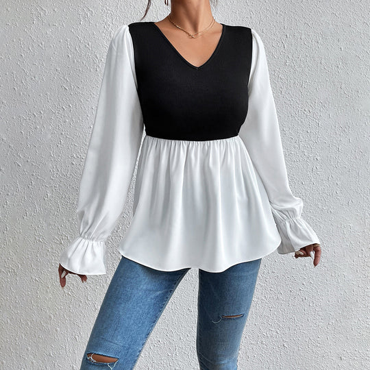 Damen elegantes Oberteil mit asymmetrischem V-Ausschnitt und Puffärmeln EB