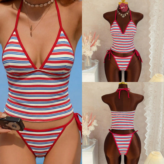 Damen Hochgeschnittener Streifen-Bikini mit verstellbaren Bändern EB