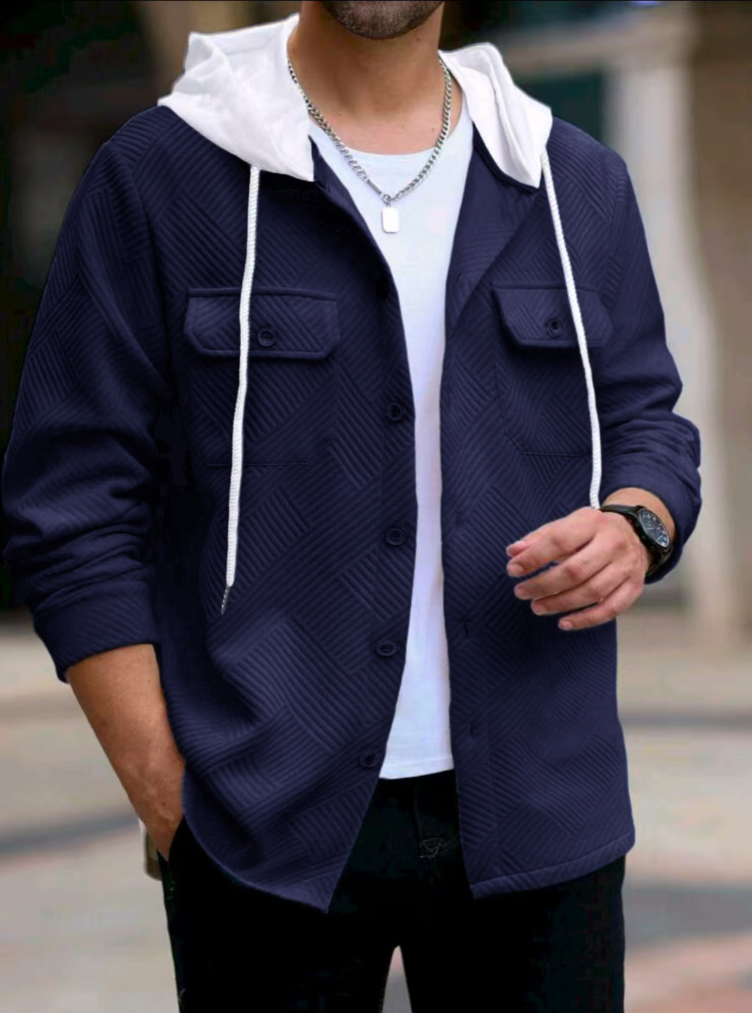 Herren lässige Utility-Jacke mit Kapuze und strukturiertem Muster EB