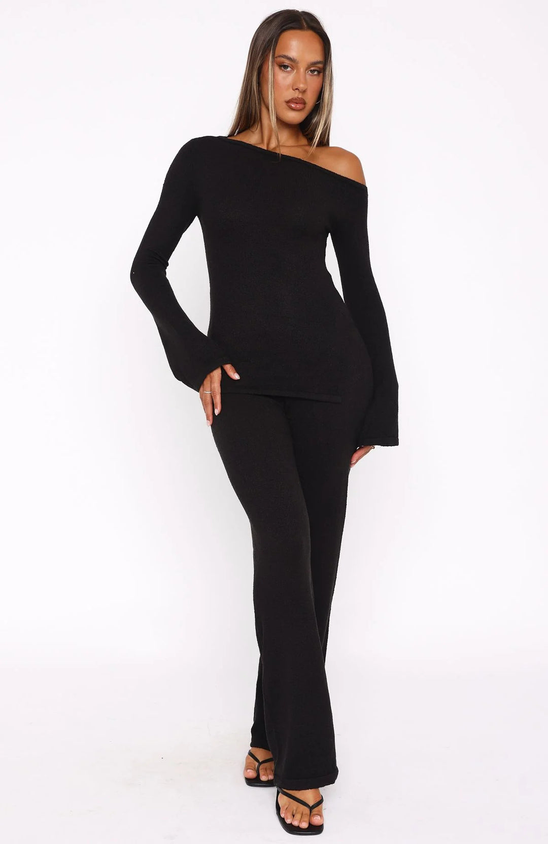 Damen Zweiteiliges Strick-Loungewear-Set mit Carmen‑Ausschnitt und weitem High‑Waist‑Hosenbein EB