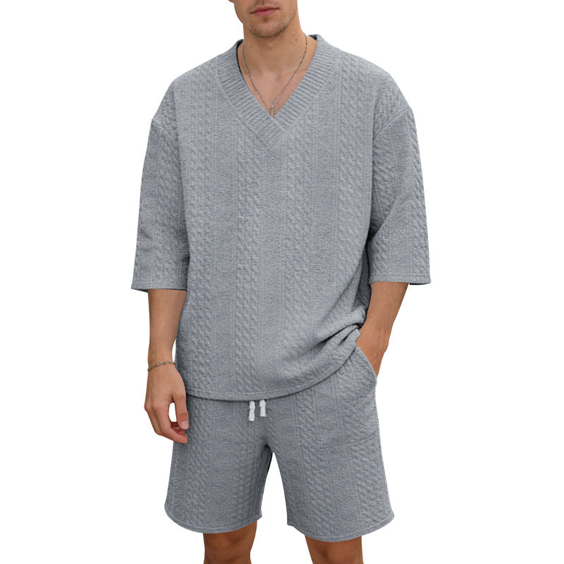 Unisex nan lässiges Lounge-Set mit V-Ausschnitt-Oberteil und Kordelbund-Shorts EB