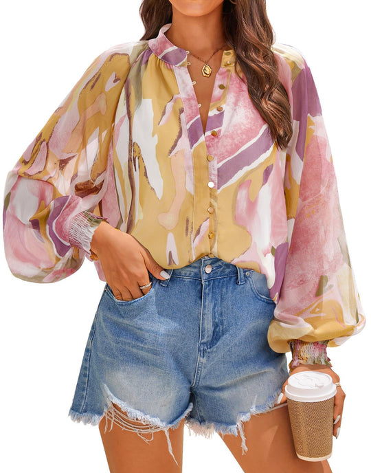 Damen Bluse mit kunstvollem Druck und geschöpften Ärmeln EB