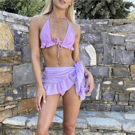 Damen Bikini-Set mit rüschenverziertem Oberteil und transparentem Wickelrock EB