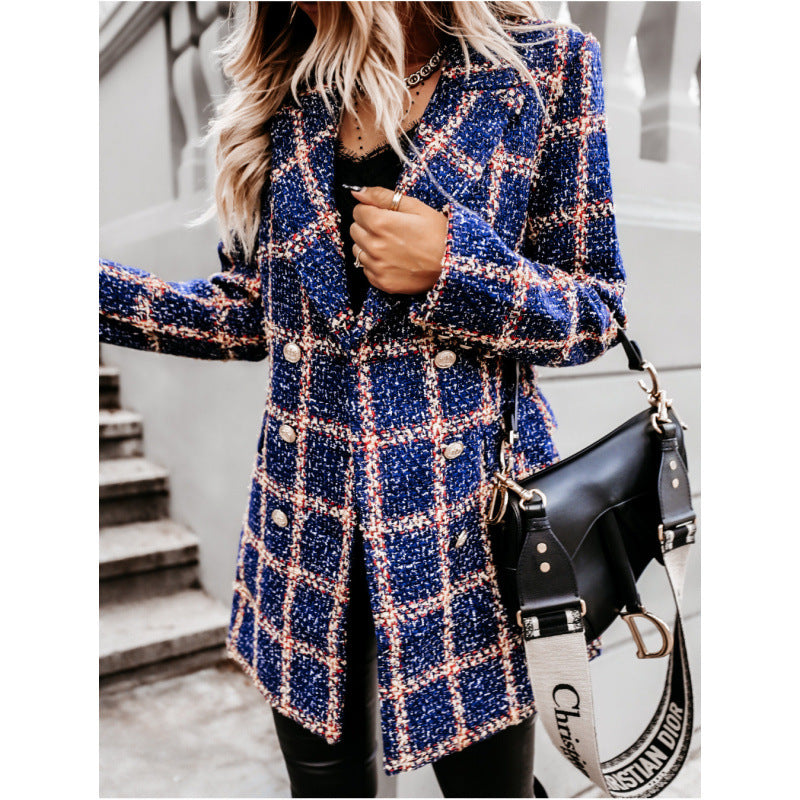 Damen Doppelreihige Karierte Blazerjacke EB