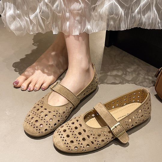 Damen Ballerinas mit romantischem Lochmuster und verstellbarem Riemen EB