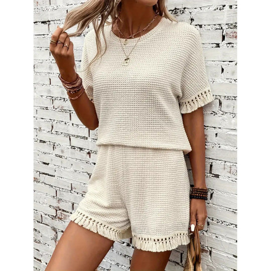 Damen Strickshorts und Oberteil Set mit Fransen EB