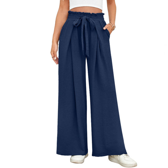 Damen weite Hochbundhose mit Taillengürtel und fließendem Stoff EB