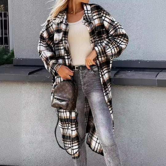 Damen lässige Karo-Hemdjacke mit asymmetrischem Schnitt und Taschen EB