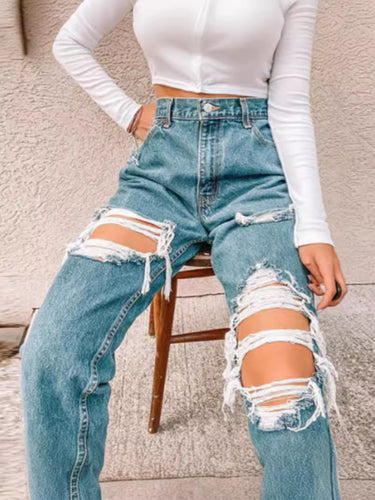 Damen Hochtaillierte Ripped Jeans mit fransigen Details EB