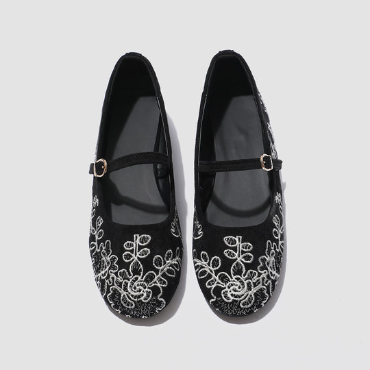 Damen Ballerinas mit dekorativem Blumenmuster und komfortablem Riemendesign EB