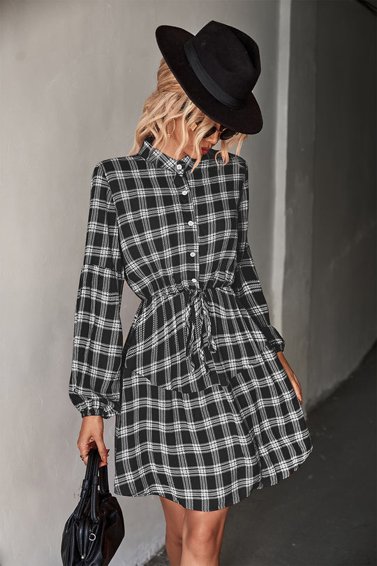 Damen Hemdblusenkleid mit verstellbarem Taillengürtel und kariertem Design EB