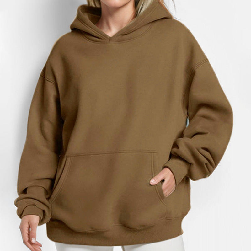 Damen nan extralanges Oversize Kapuzen-Sweatshirt mit Kängurutasche, weichem Fleece-Innenfutter und überschnittener Schulter EB