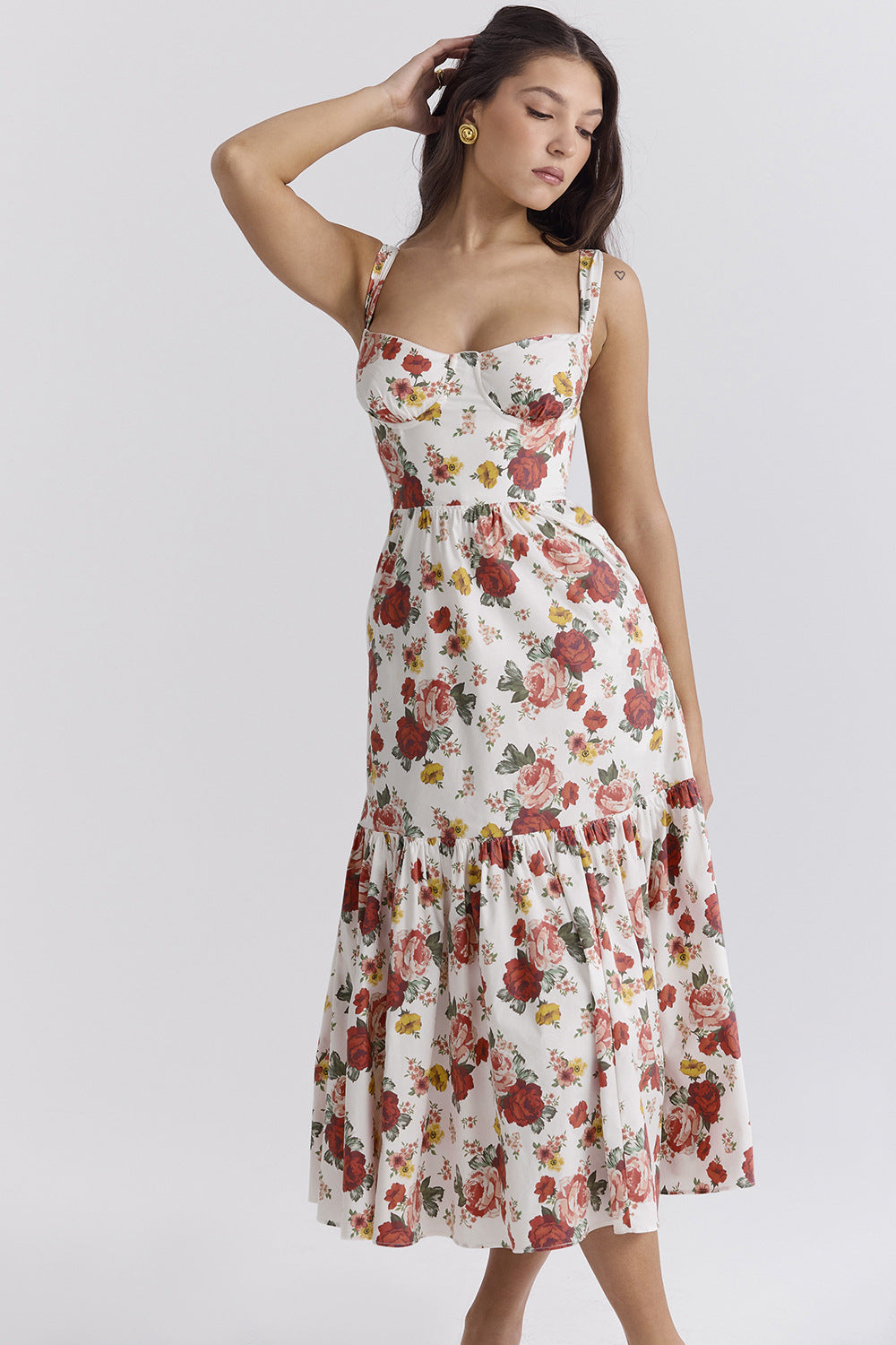 Damen Maxikleid mit floralem Print und voluminösem Rock EB