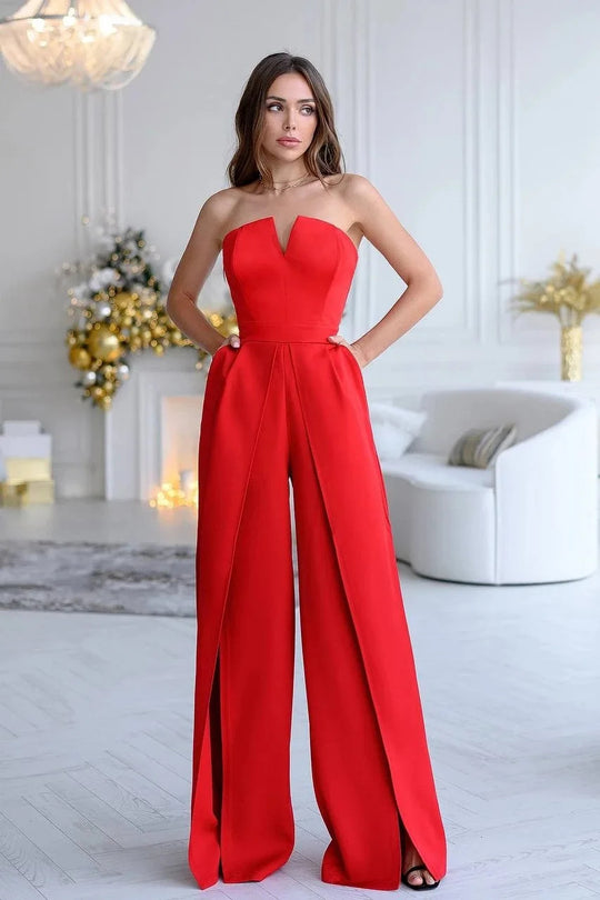 Damen Eleganter Jumpsuit mit tiefem V-Ausschnitt und schwingenden Beinnähten EB