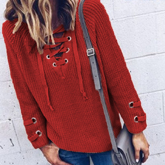 Damen Strickpullover mit dekorativem Schnürdesign und komfortablem Schnitt EB