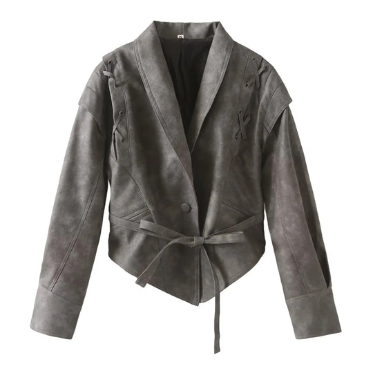 Damen Kunstlederblazer im modernem Design mit praktischem Gürtel EB