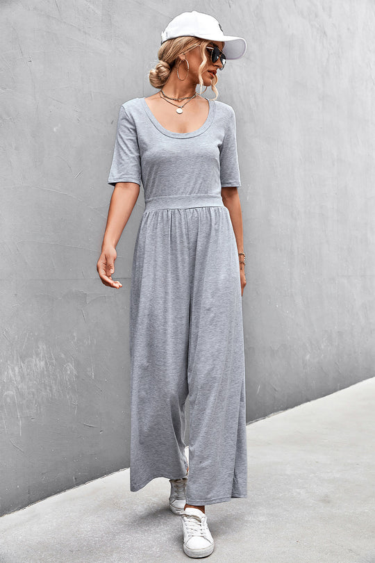 Damen Jumpsuit mit weitem Bein und elegantem Rundhalsausschnitt EB