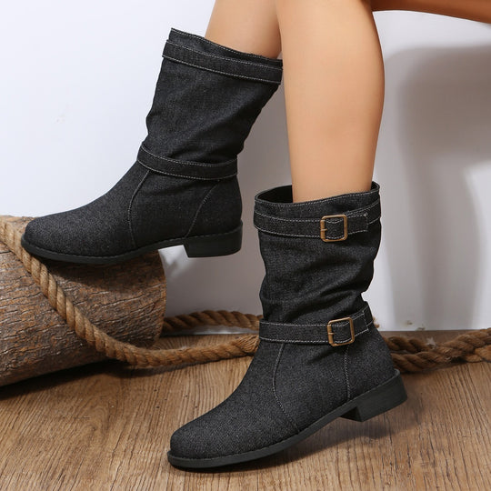 Damen Stiefeletten mit modischem Falten-Design und verstellbarem Riemen EB