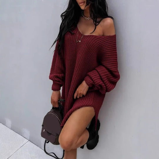 Damen lässiger Strickpullover mit tiefem V-Ausschnitt und ballonförmigen Ärmeln EB