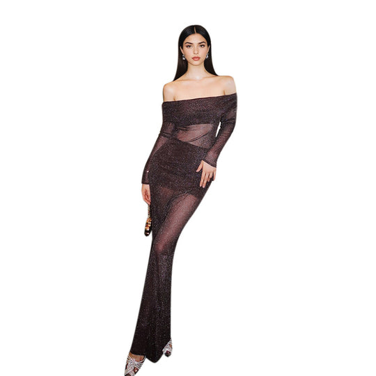 Damen elegantes schulterfreies Maxikleid mit Rüschendetails EB