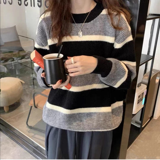 Damen Grob gestrickter Pullover mit Blockstreifenmuster und lässigem Schnitt EB