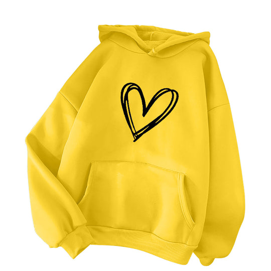 Damen nan oversized Kapuzenpullover mit handgezeichnetem Herzprint, Kängurutasche und weichem Fleece-Innenfutter EB