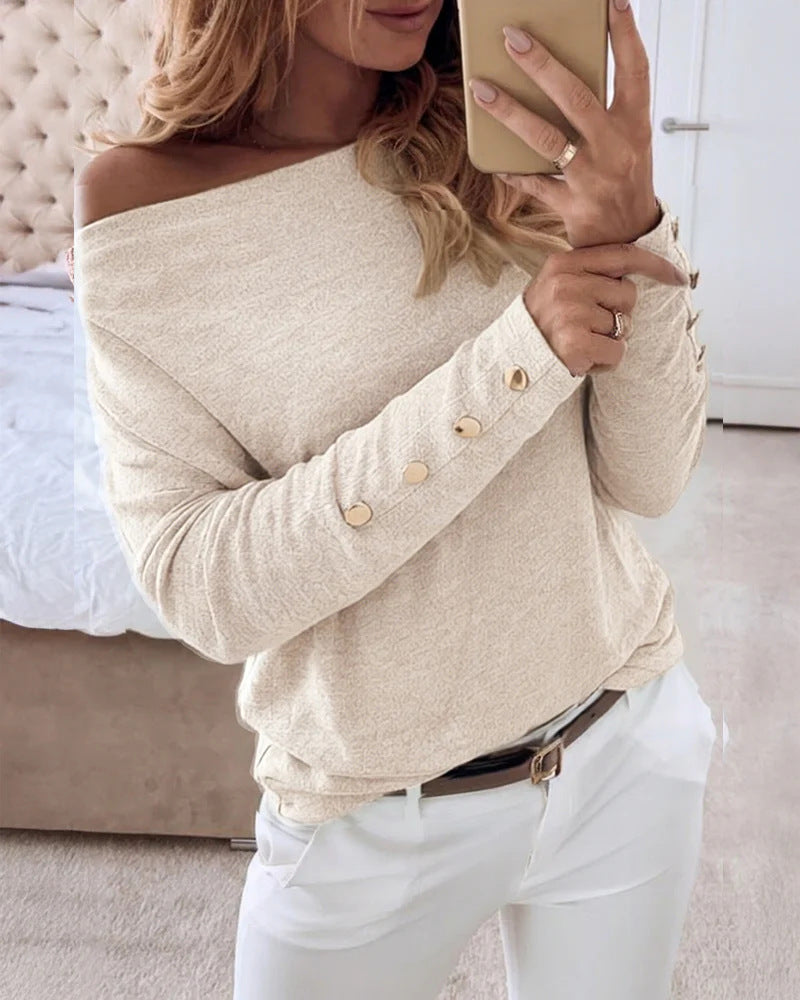 Damen Offshoulder Feinstrickpullover mit Zierknopfleiste an den Ärmeln EB