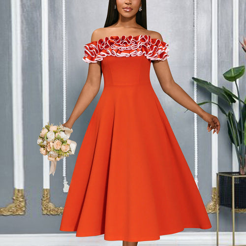 Damen A-Linien Abendkleid mit Off-Shoulder Rüsche EB