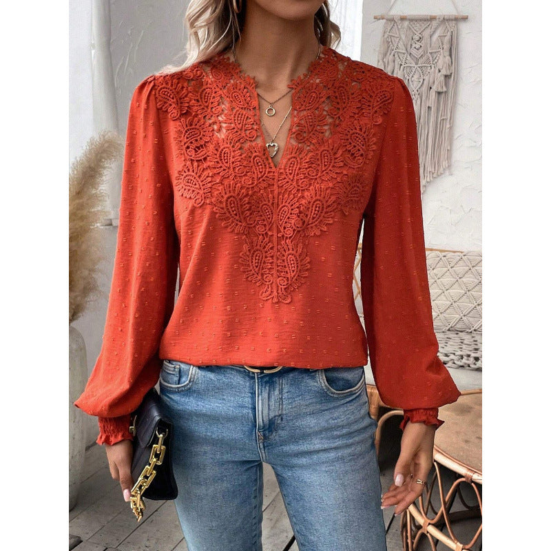 Damen Bluse mit gesticktem V-Ausschnitt und langen Ärmeln EB
