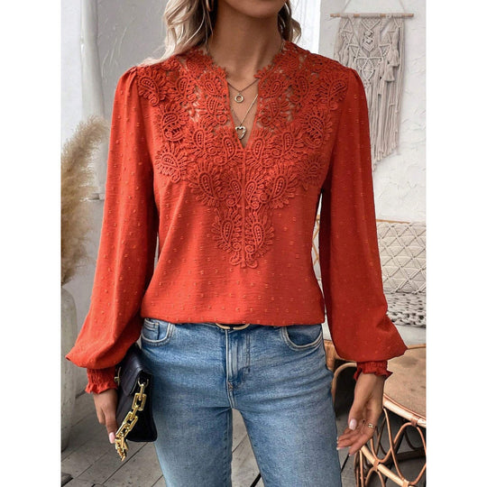 Damen Bluse mit gesticktem V-Ausschnitt und langen Ärmeln EB