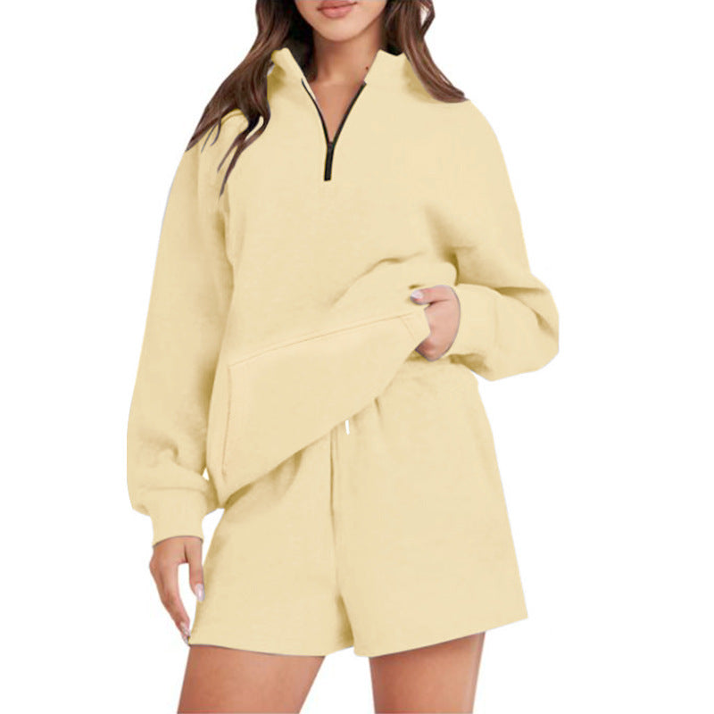 Damen Lässiger Sweatshirt-Set mit hochschließendem Kragen und kurzen Shorts EB
